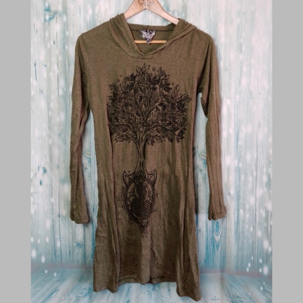 Sure design Tree of Life Celtic graphic hooded long sleeve midi dress green smal